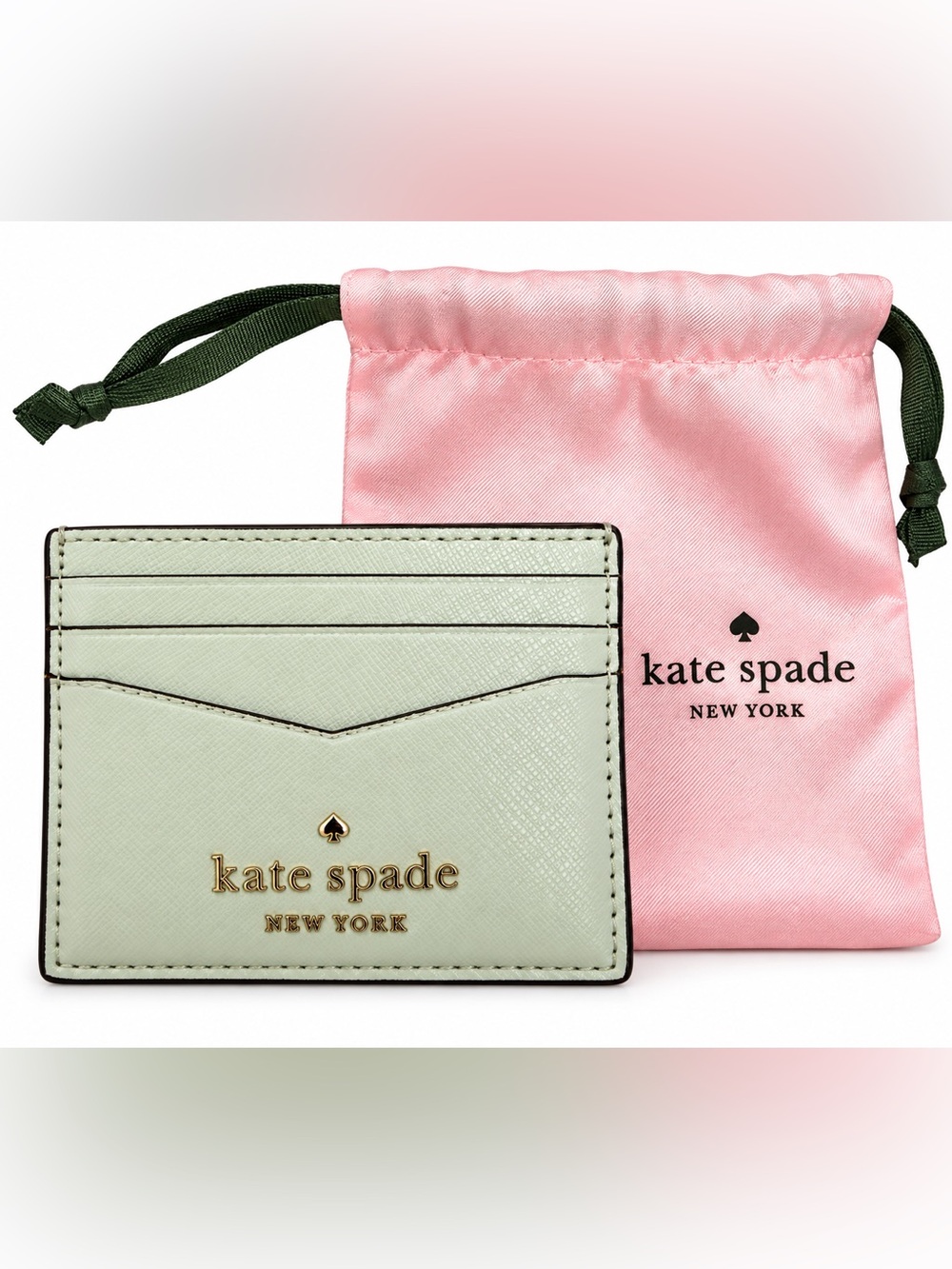 kate spade Mint Green Saffiano Card Holder with Pink Drawstring Pouch
